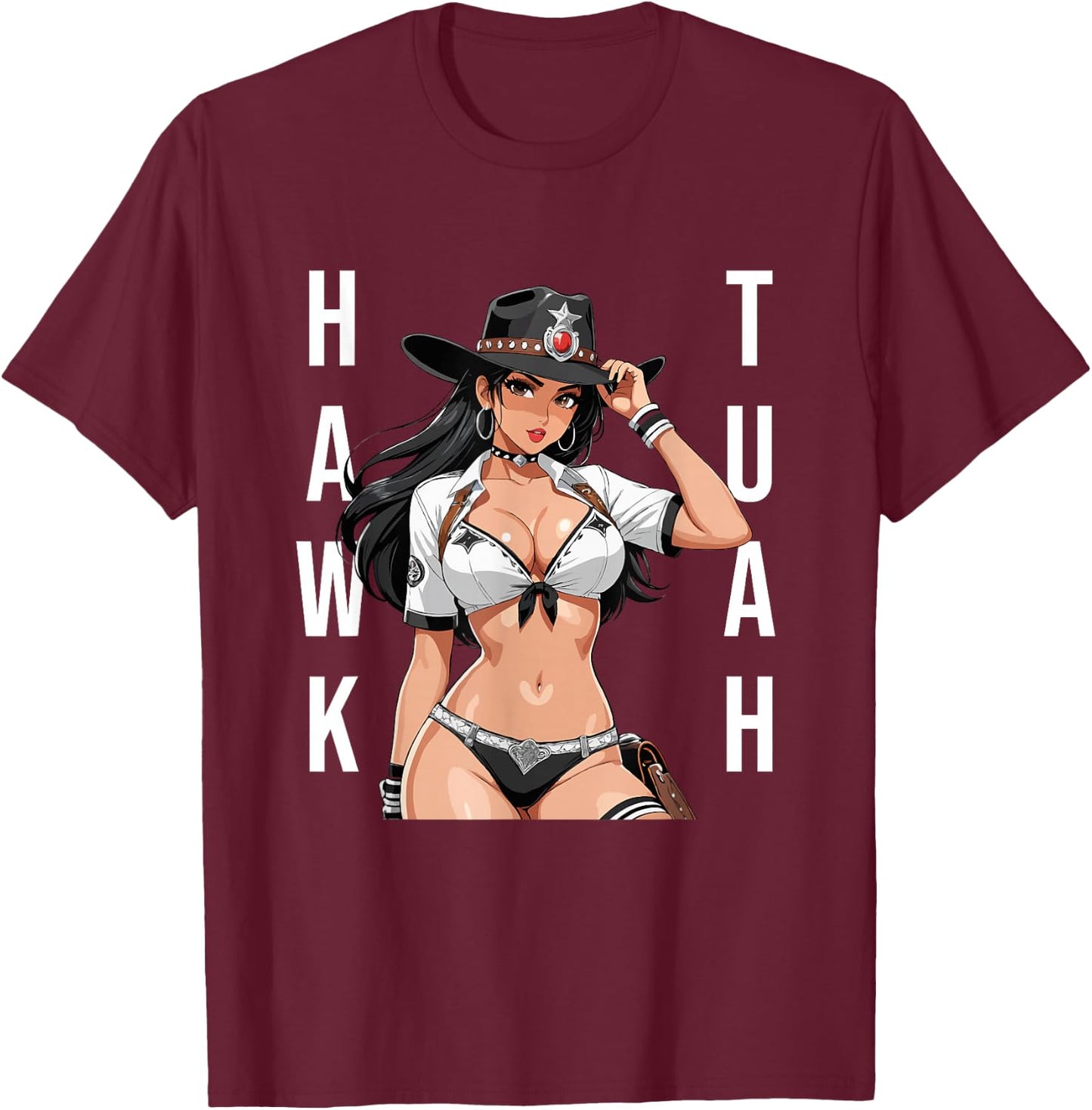 Hawk Tuah Sexy Waifu Anime Cowgirl Girl T-Shirt - T-Shirt | Maroon