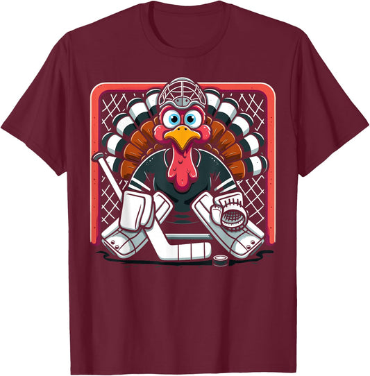Thanksgiving Turkey Ice Hockey Goalie Youth Boys Thankful T-Shirt - T-Shirt | Maroon