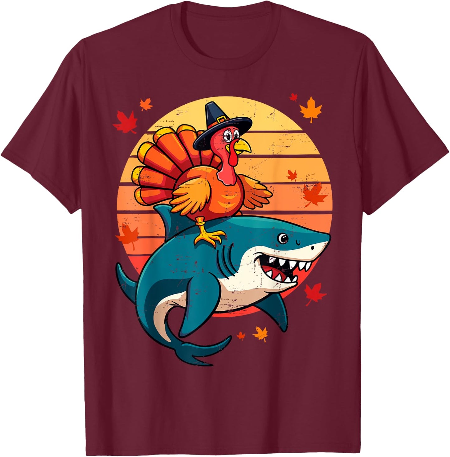 Funny Shark & Turkey Thanksgiving Day Kids Harvest Festival T-Shirt - T-Shirt | Maroon