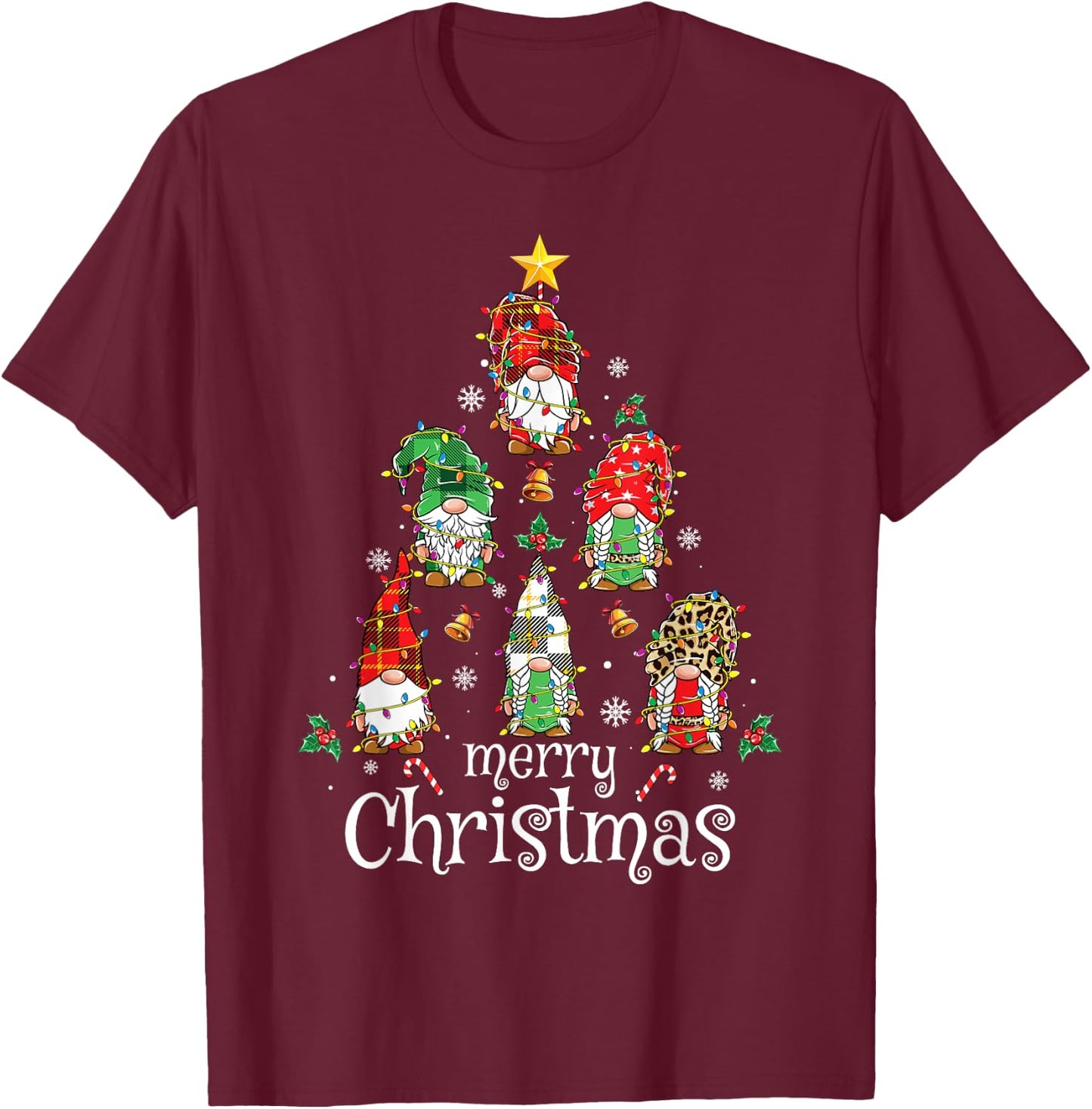 Merry Christmas Shirt Women Men Christmas Tree Gnomes T-Shirt - T-Shirt | Maroon