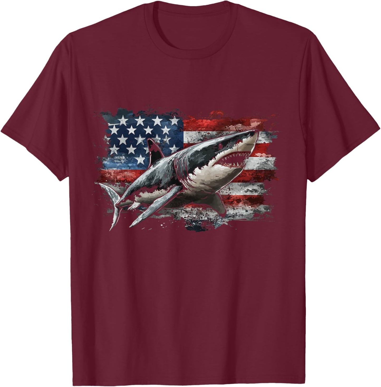 Patriotic Great White Shark American Flag 4th Of July Shark T-Shirt - T-Shirt | Maroon