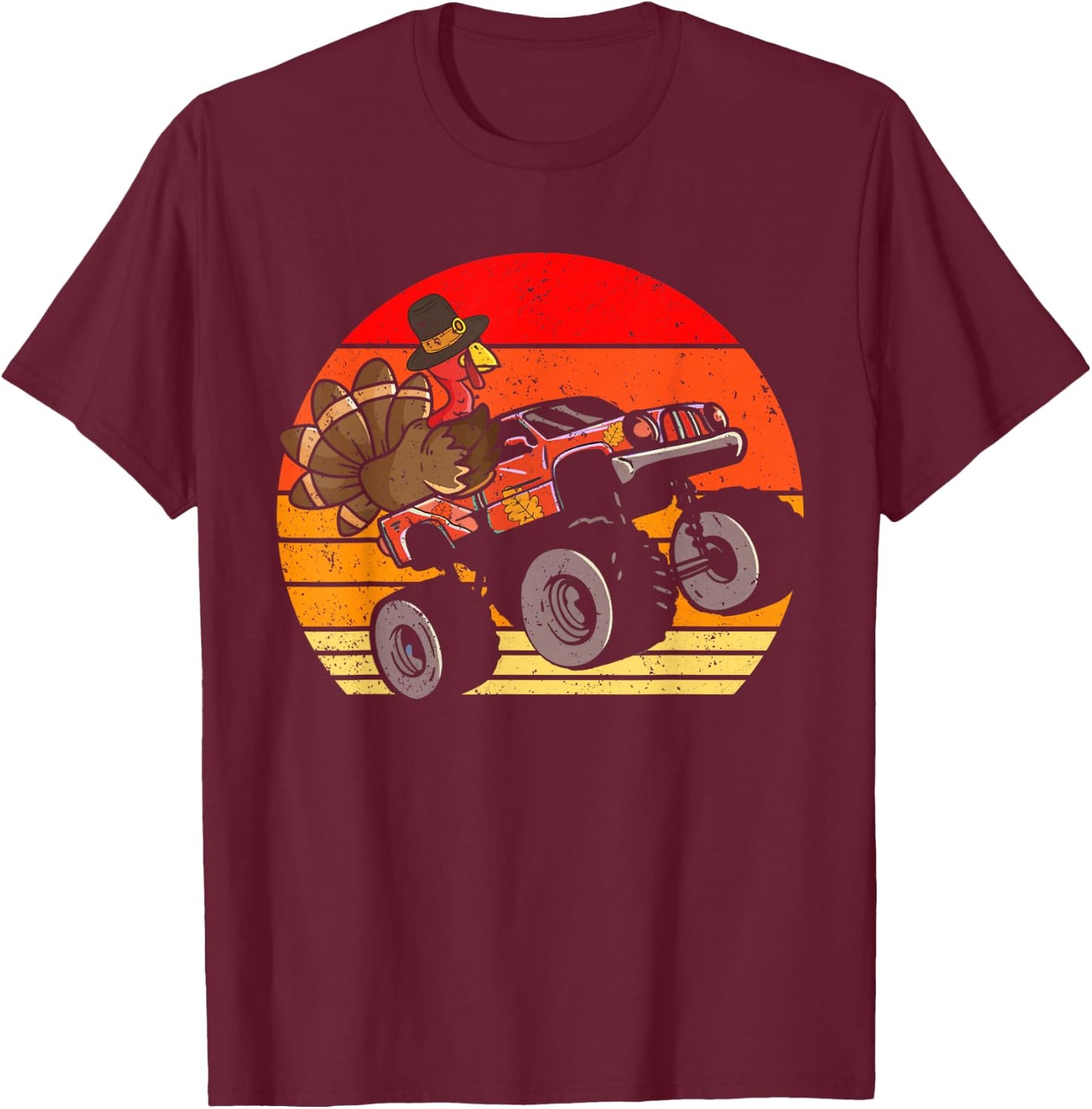 Boys Kids Thanksgiving Turkey Riding Monster Truck Vintage T-Shirt - T-Shirt | Maroon