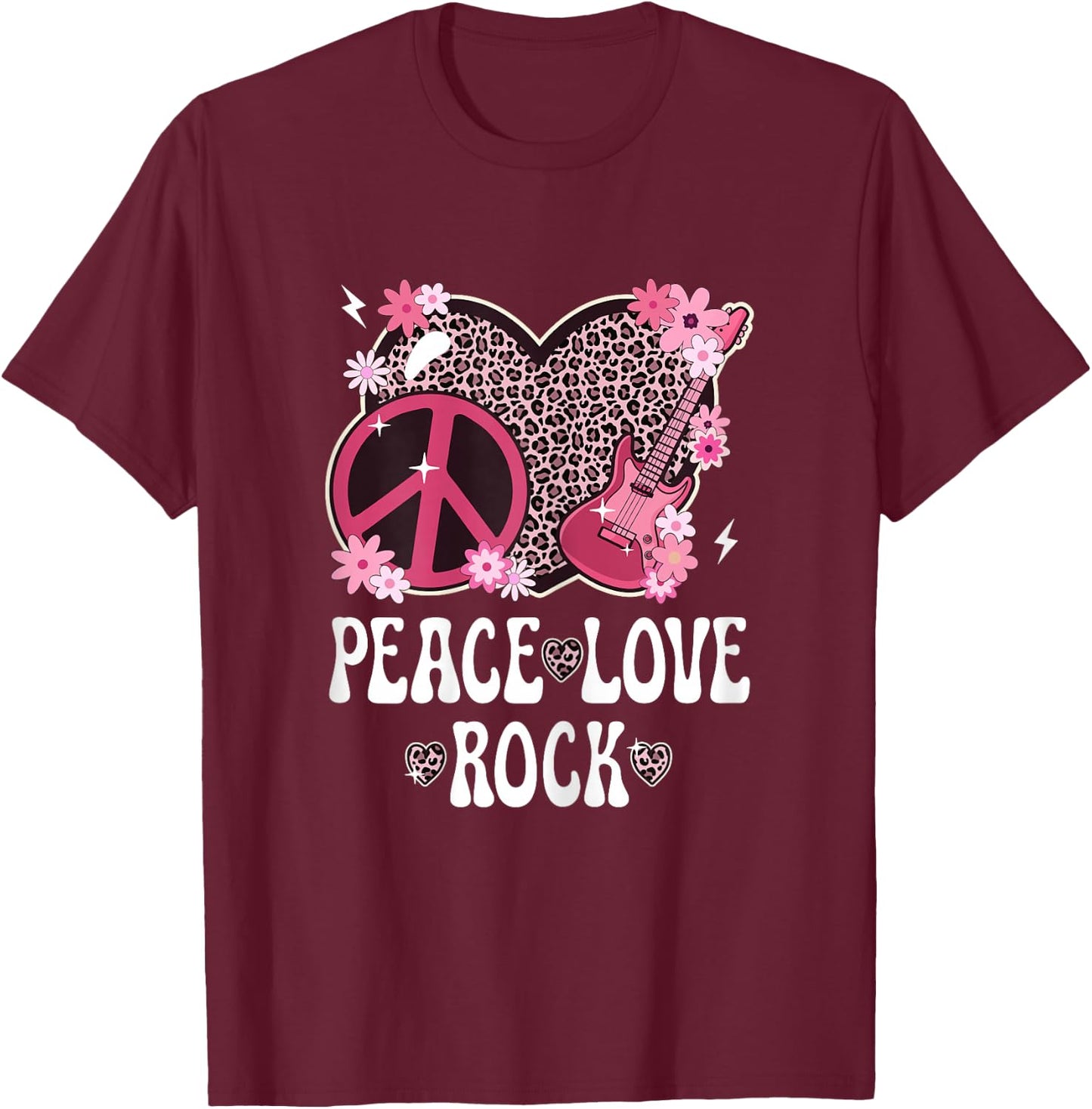 Peace Love Rock And Roll Leopard Print Women Rock Outfit T-Shirt - T-Shirt | Maroon