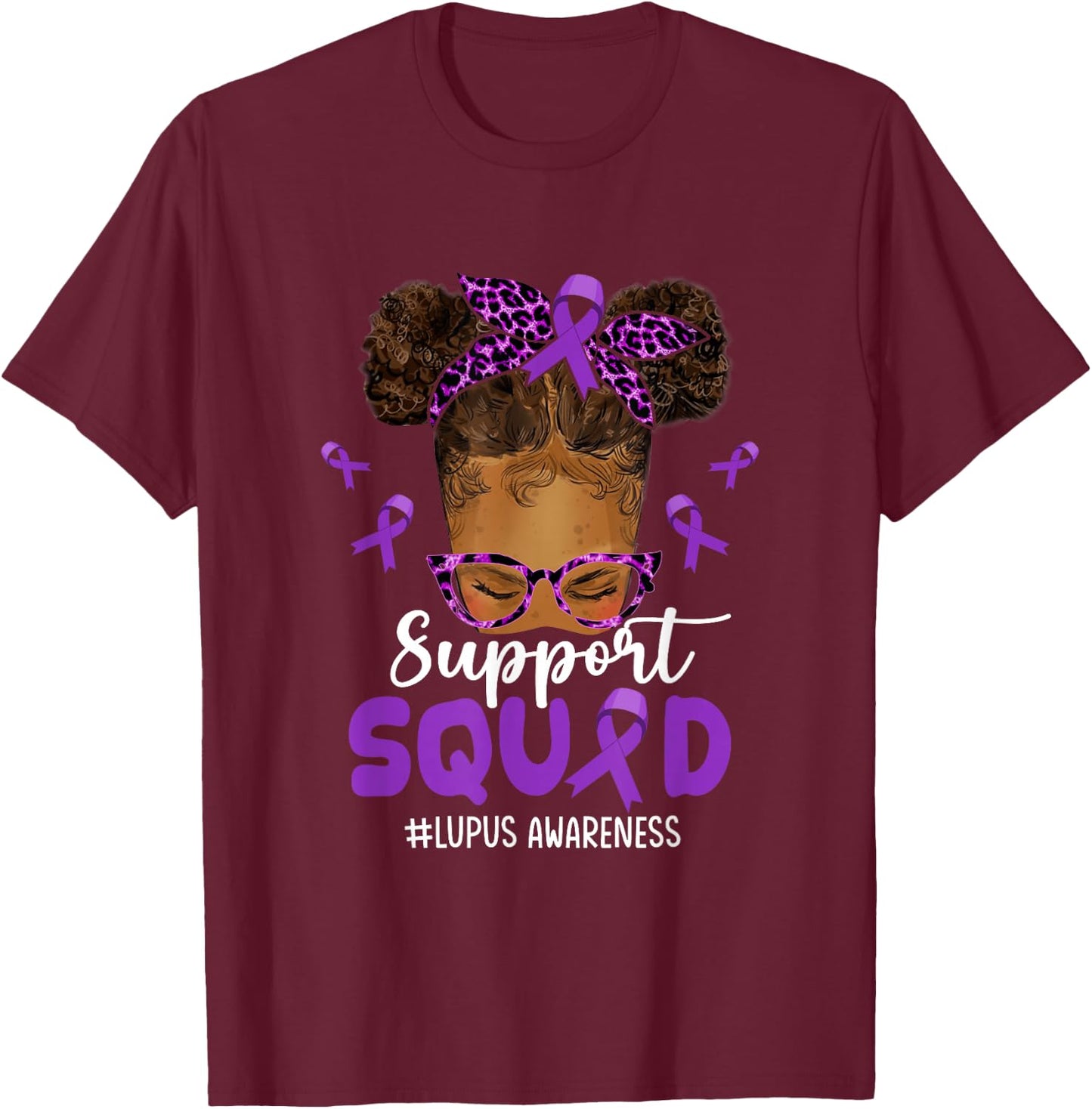 Support-Squad Afro Messy Bun Leopard Lupus Awareness T-Shirt - T-Shirt | Maroon