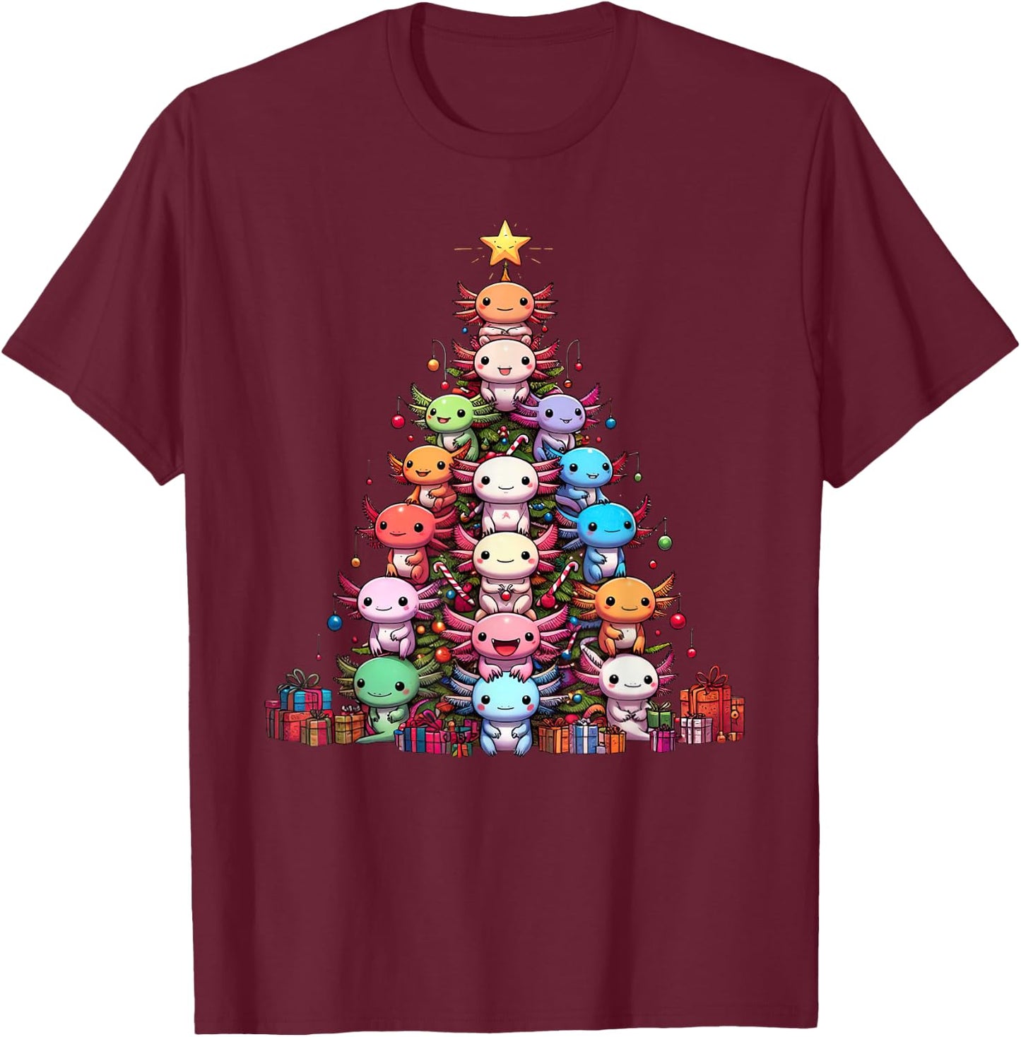 Axolotl Cute Christmas Tree Men Kids , Black, S T-Shirt - T-Shirt | Maroon