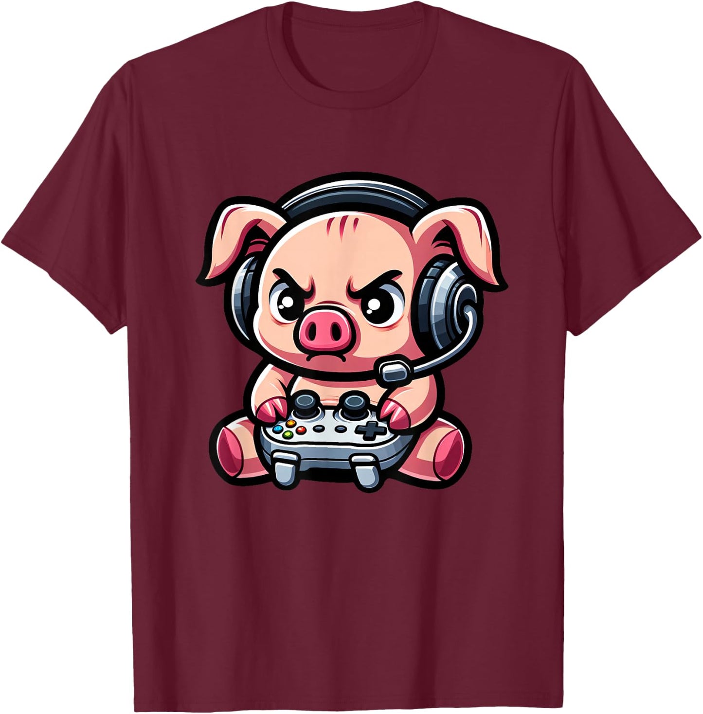 Cute Pig Funny Gamer Video Games Boys Girls Kids T-Shirt - T-Shirt | Maroon