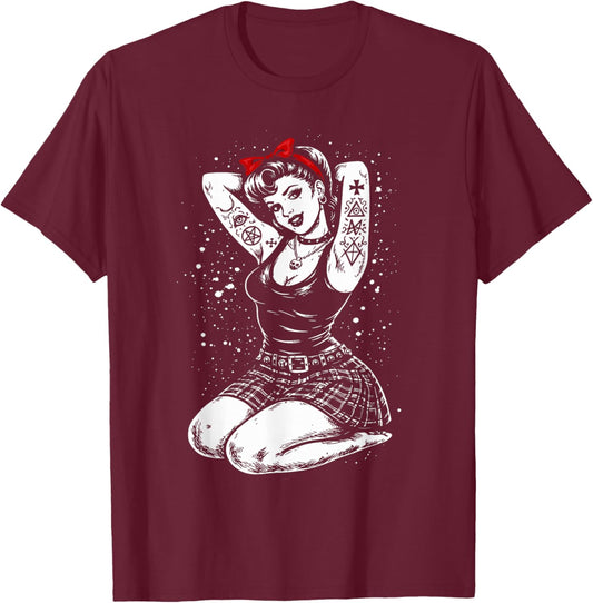 Pinup Girl Vintage Pop Art Tattoo Model Witchcore Aesthetic T-Shirt - T-Shirt | Maroon