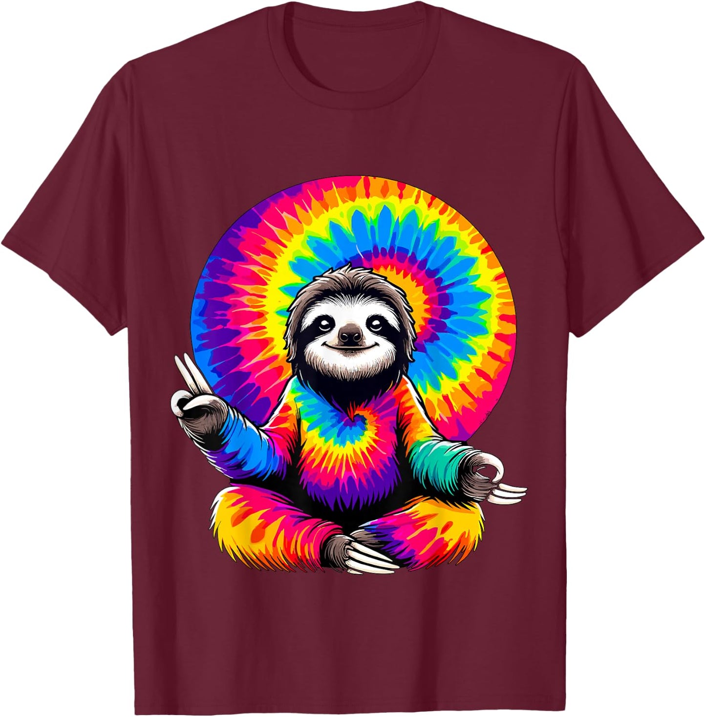 Hippie Sloth Peace Sign Tie-Dye T-Shirt - T-Shirt | Maroon