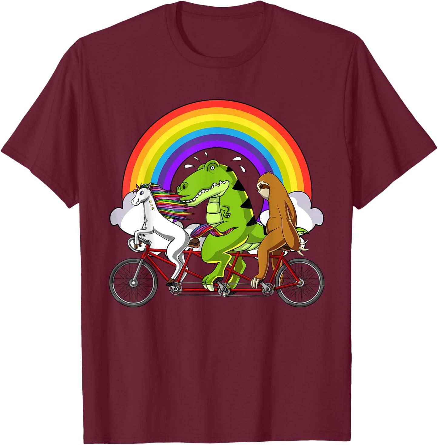 Unicorn T-Rex Dinosaur Sloth Riding Bicycle Rainbow Party T-Shirt - T-Shirt | Maroon