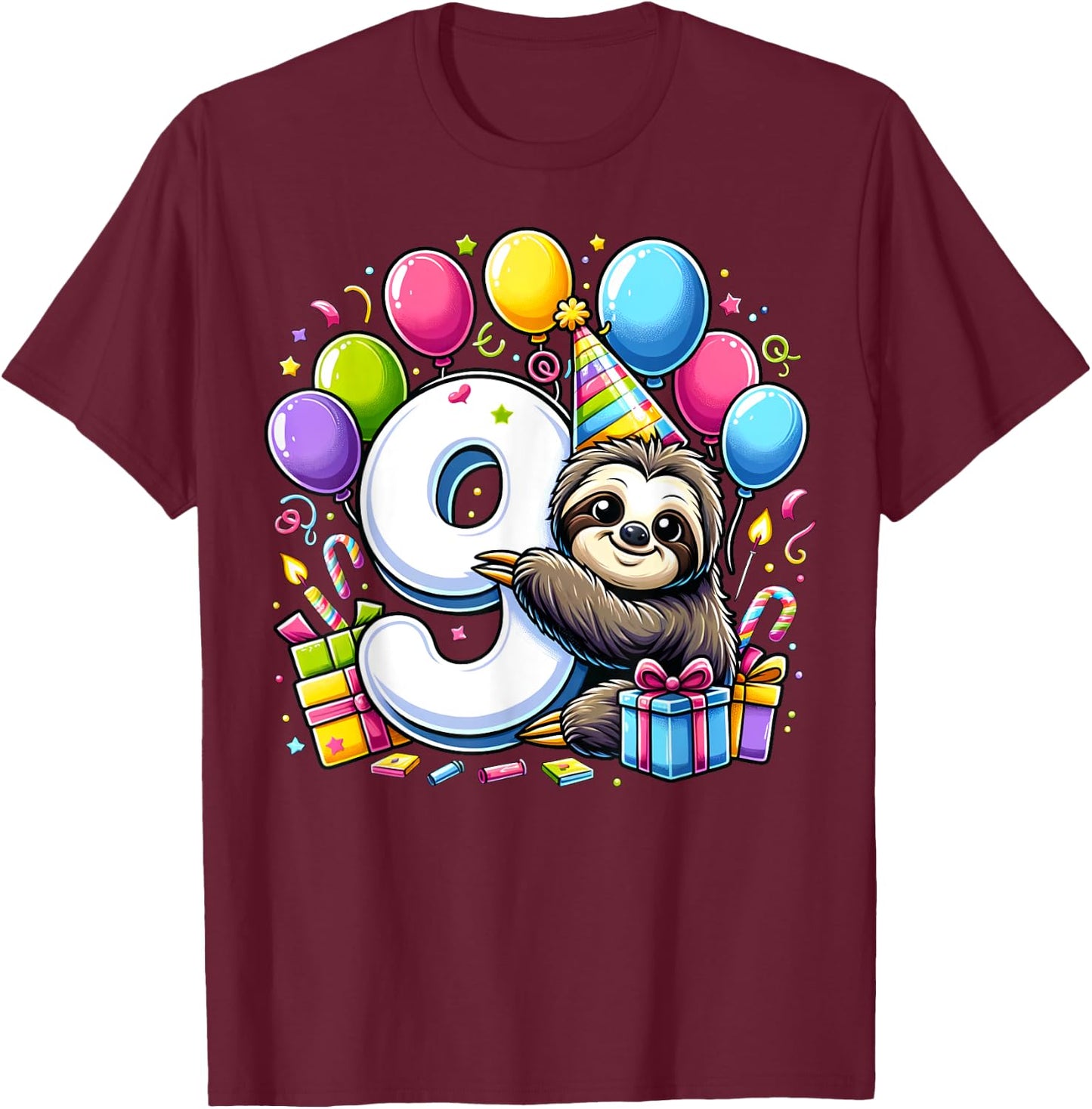 Kids Sloth Theme ninth Bday Party 9th Sloth Birthday T-Shirt - T-Shirt | Maroon