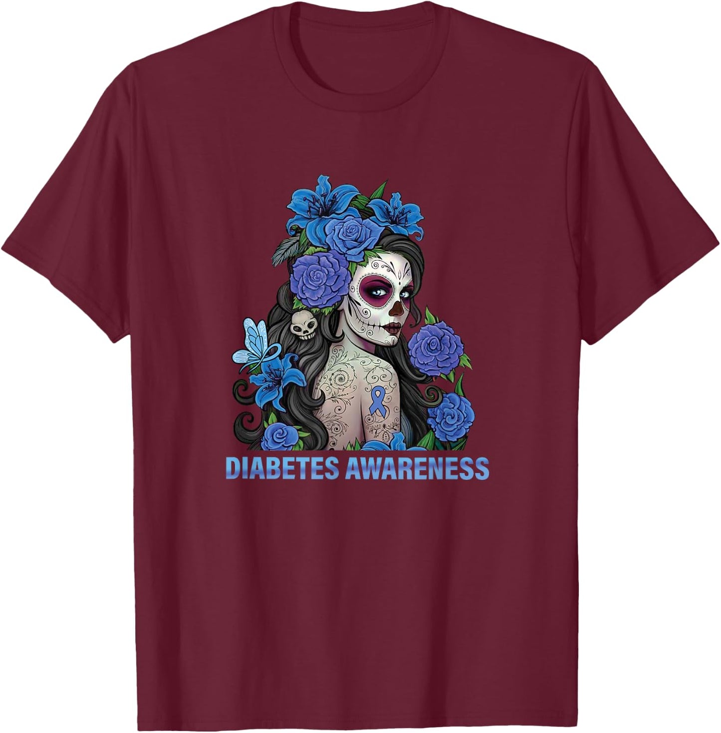 Floral Sugar Skull Women Diabetes Awareness T-Shirt - T-Shirt | Maroon
