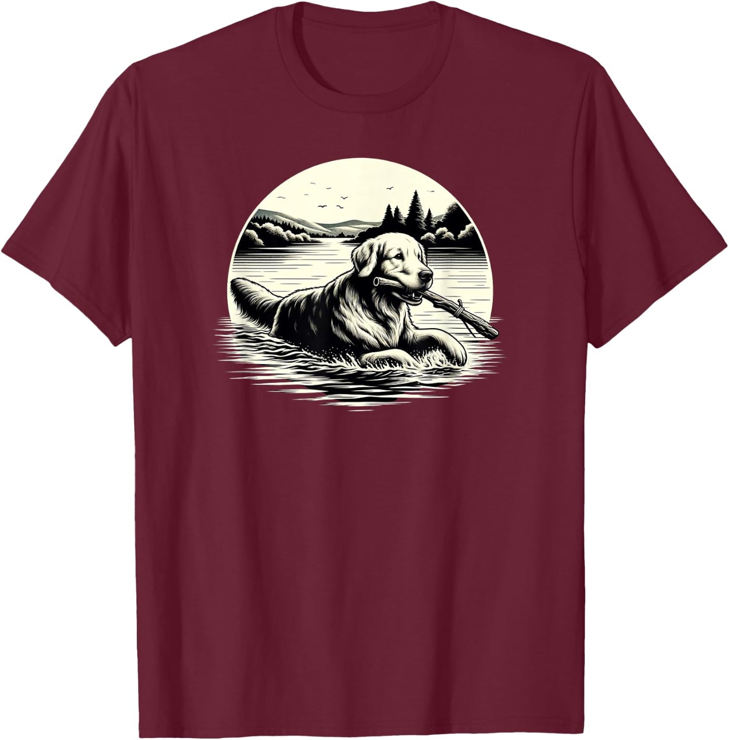 Golden Retriever Lake Retrieval Scene T-Shirt - T-Shirt | Maroon