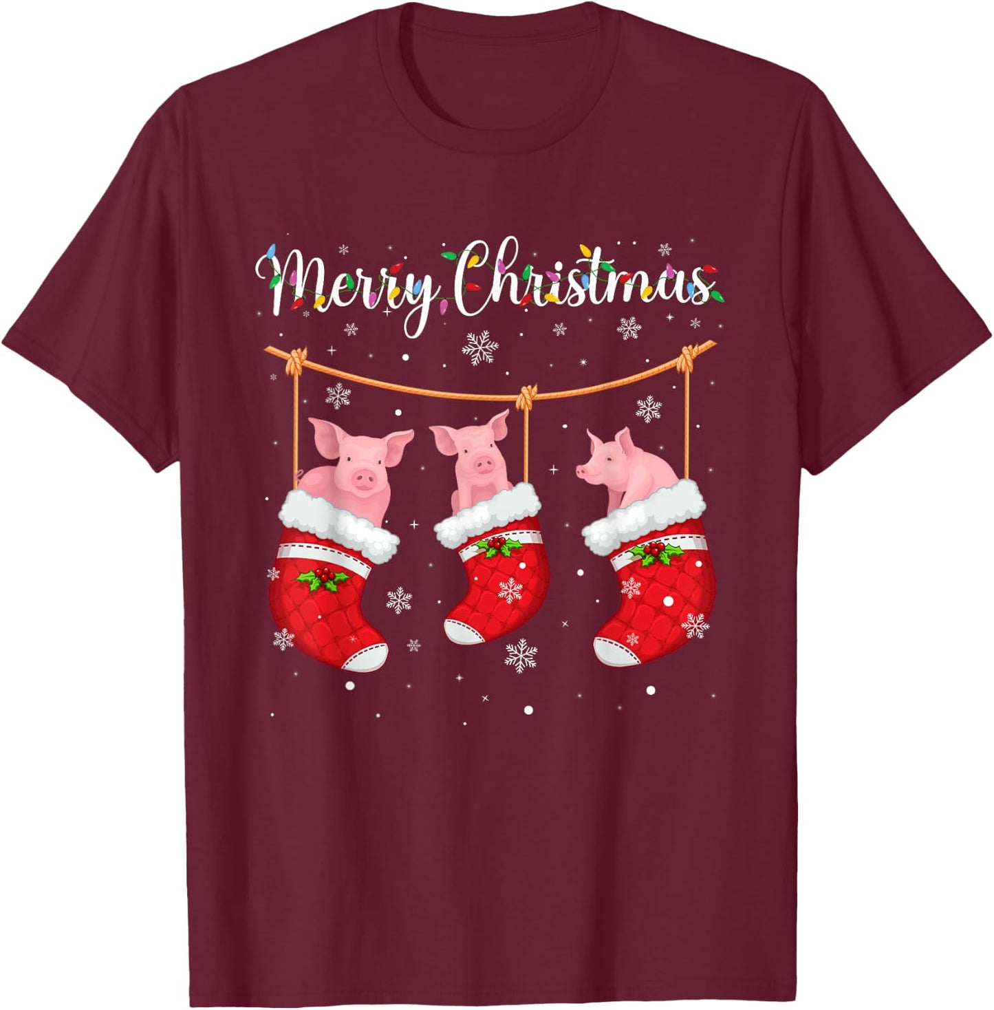 Pig in Xmas Socks Funny Holiday Ugly Sweater Christmas T-Shirt - T-Shirt | Maroon