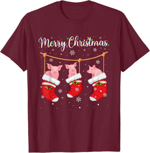 Pig in Xmas Socks Funny Holiday Ugly Sweater Christmas T-Shirt - T-Shirt | Maroon