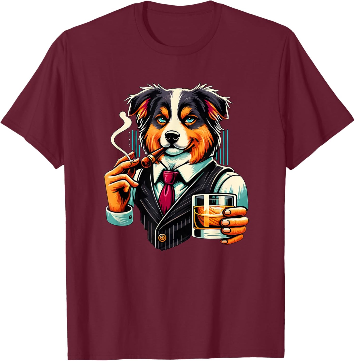 Australian Shepherd dog Cigar And Whiskey T-Shirt - T-Shirt | Maroon