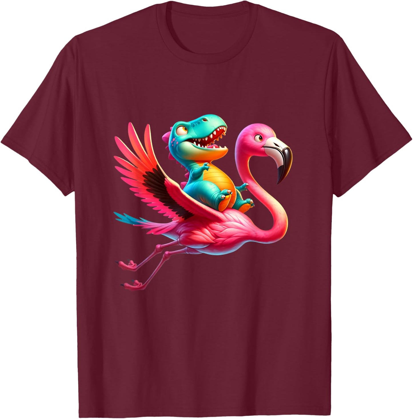 Cute T-Rex Dinosaur flying on a Flamingo Funny T-Shirt - T-Shirt | Maroon