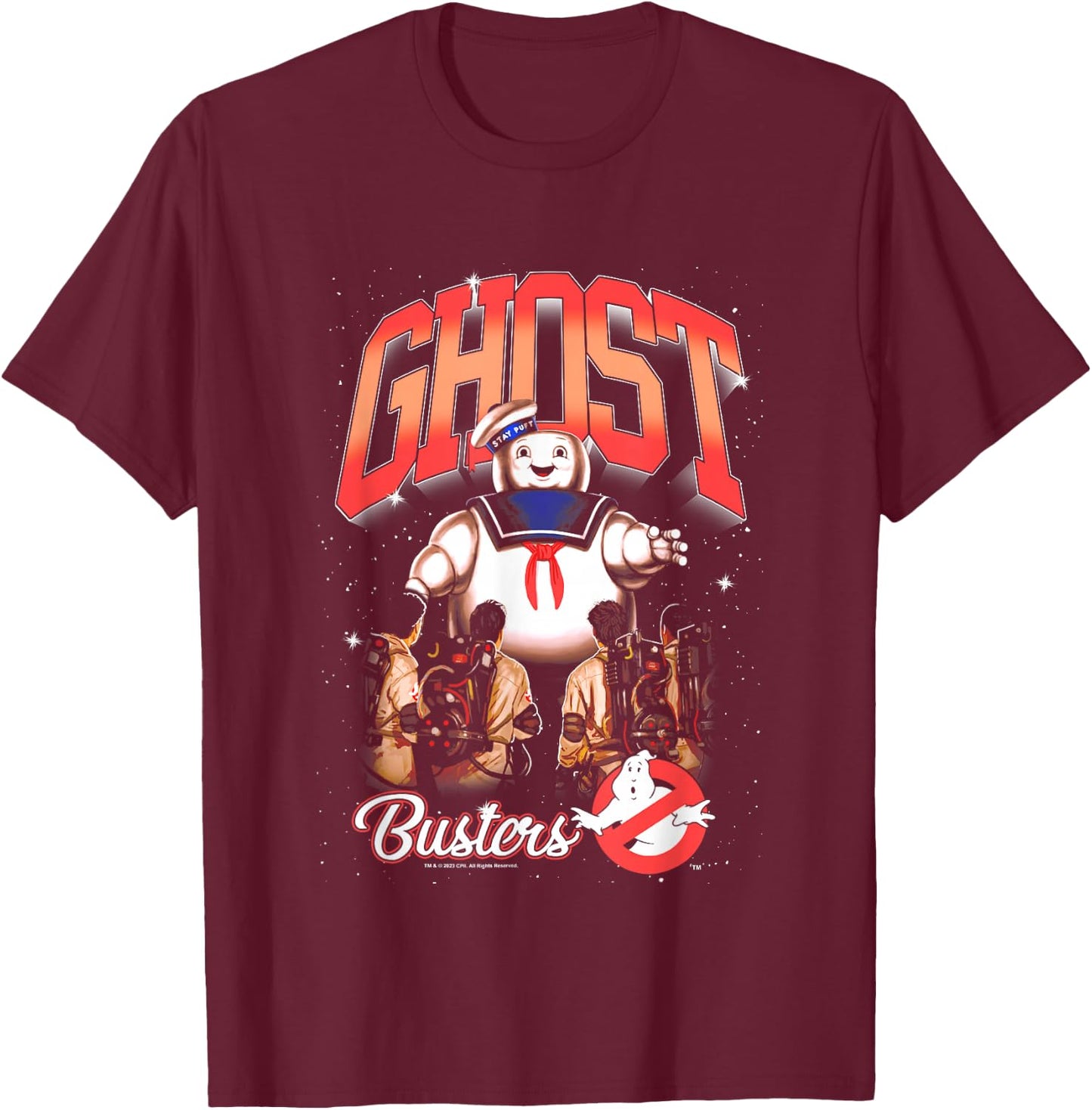 Ghostbusters Cute Stay Puft Loom Group Shot Retro Big Logo T-Shirt - T-Shirt | Maroon