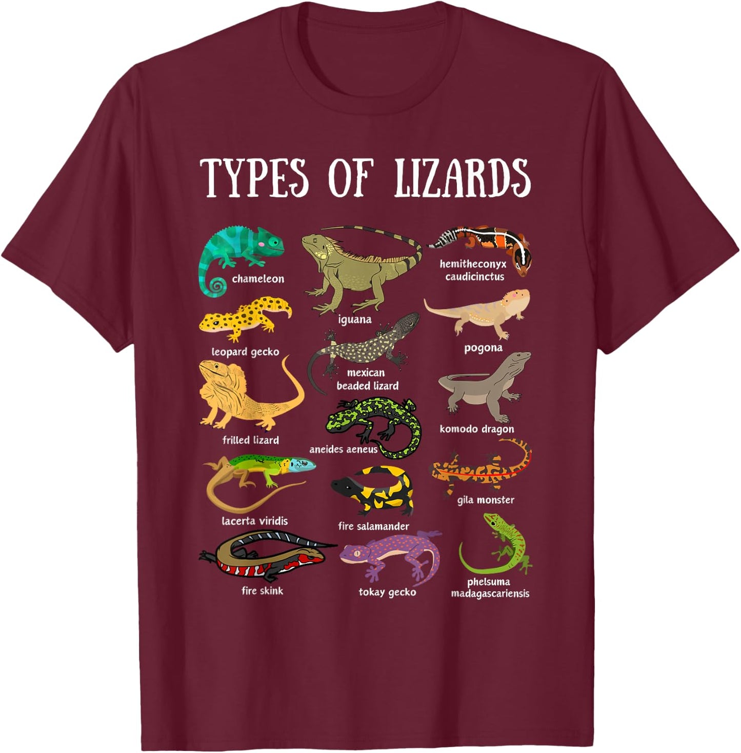 Types of Lizards Reptile Herpetology Men kids lizard collage T-Shirt - T-Shirt | Maroon