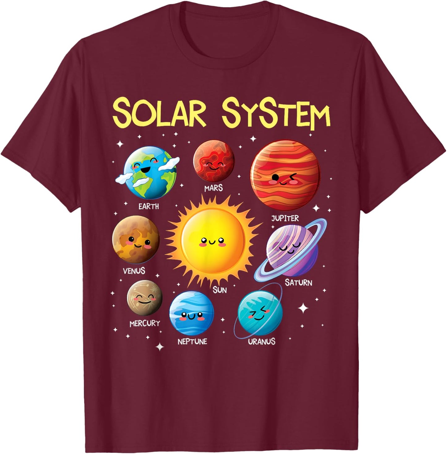 Solar System Cute Face Planets Space Science Teacher School T-Shirt - T-Shirt | Maroon