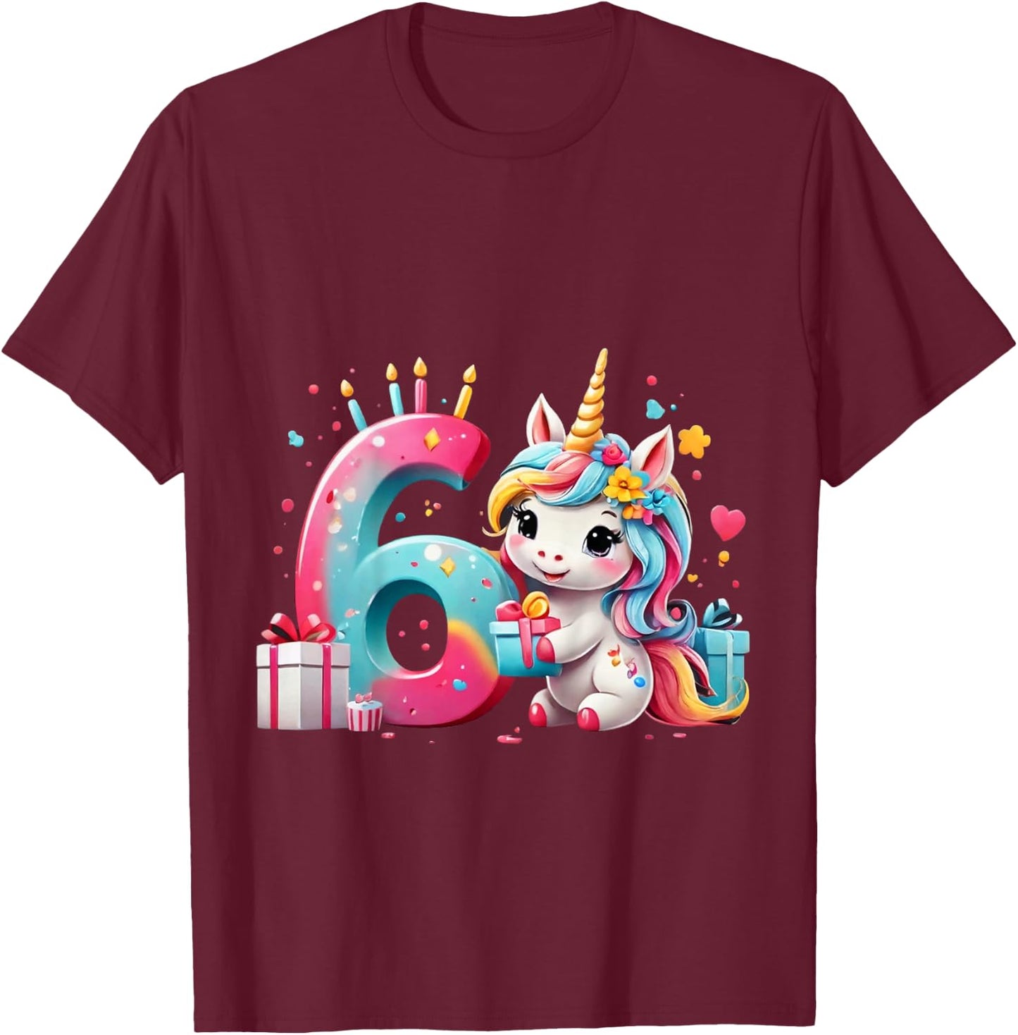 Children's Number 6 Years Girls Unicorn 6th Birthday , black T-Shirt - T-Shirt | Maroon