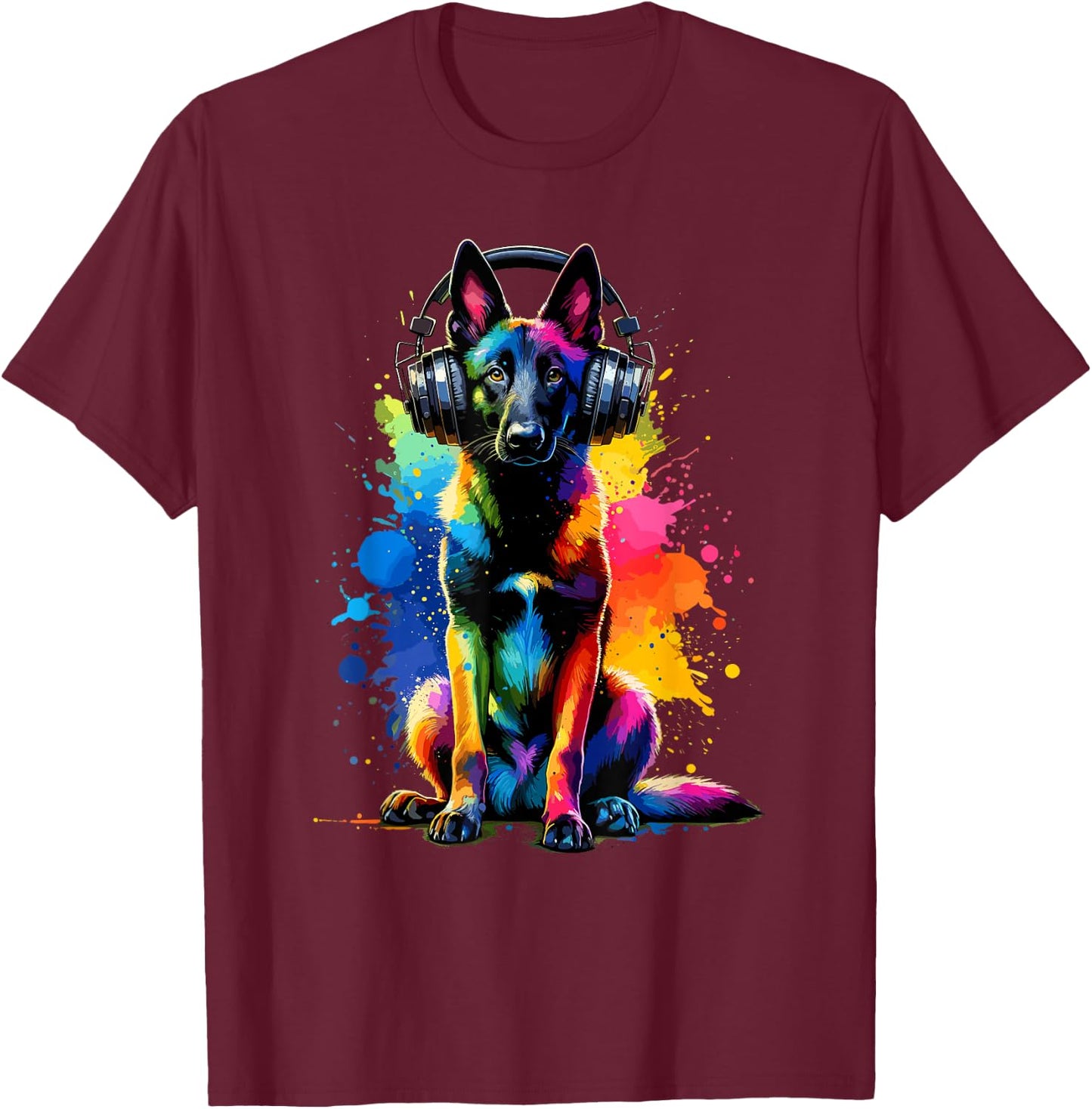 Splash Art Headphones Belgian Malinois Belgian Shepherd Dog T-Shirt - T-Shirt | Maroon