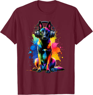 Splash Art Headphones Belgian Malinois Belgian Shepherd Dog T-Shirt - T-Shirt | Maroon