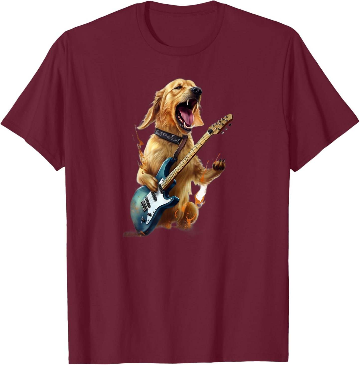 Golden Retriever Dog Playing On Electric Guitar T-Shirt - T-Shirt | Maroon