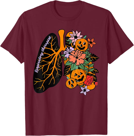 Respiratory Therapist RT Lung Floral Pumpkin Halloween T-Shirt - T-Shirt | Maroon