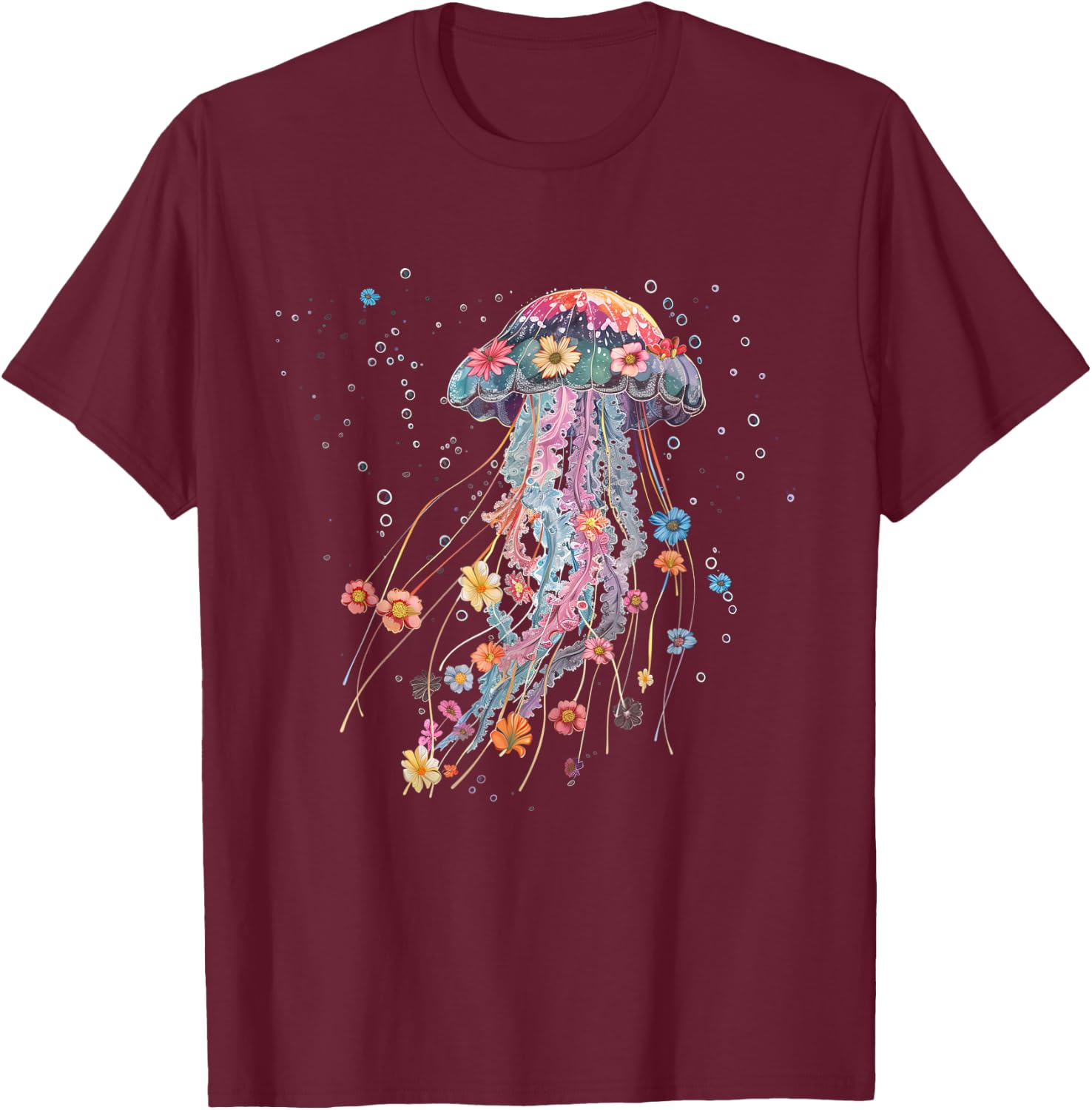 Jellyfish Flowers Vintage Floral Scuba Diving Surf T-Shirt - T-Shirt | Maroon