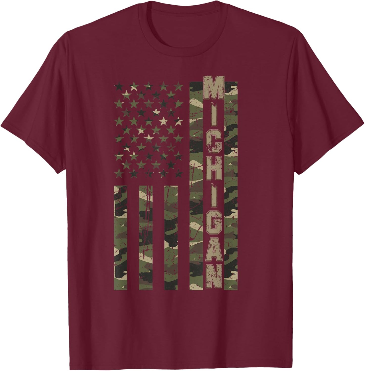 Michigan United States Distressed Camo w US Flag T-Shirt - T-Shirt | Maroon