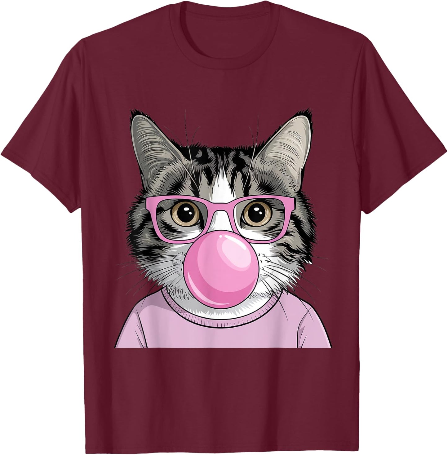 Funny Cat with Glasses Blowing Bubble Gum Cute Cat Women Girls Kids T-Shirt - T-Shirt | Maroon