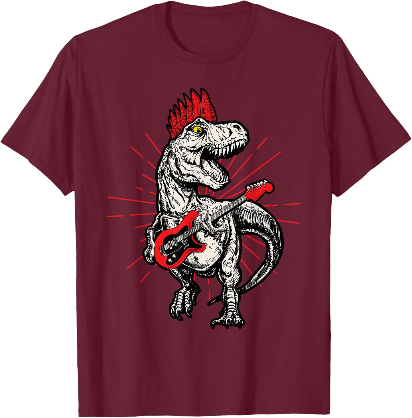 Punk Rock T-Rex Mohawk Playing Guitar Rock n' Roll Dinosaur T-Shirt - T-Shirt | Maroon