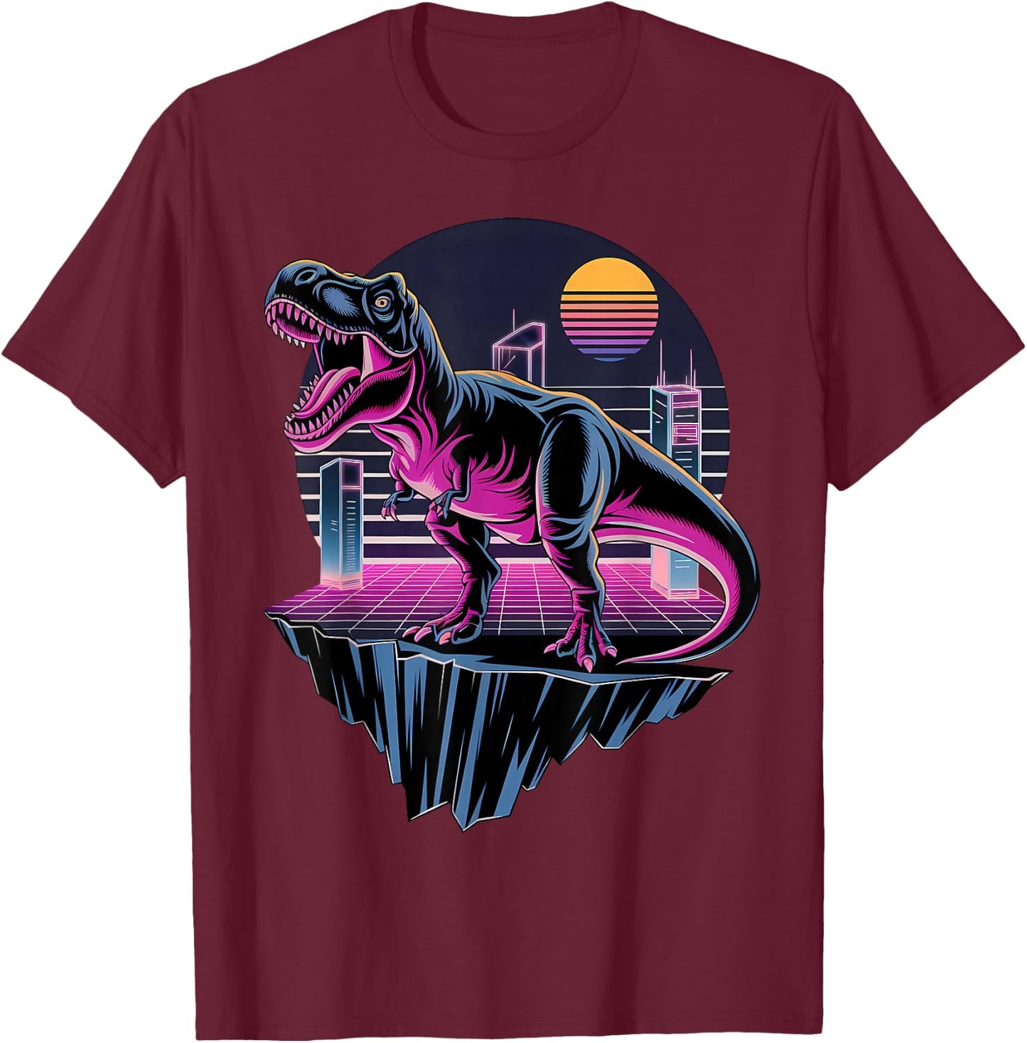 Electric Retro T-Rex Neon Dinosaur Aesthetic T-Shirt - T-Shirt | Maroon
