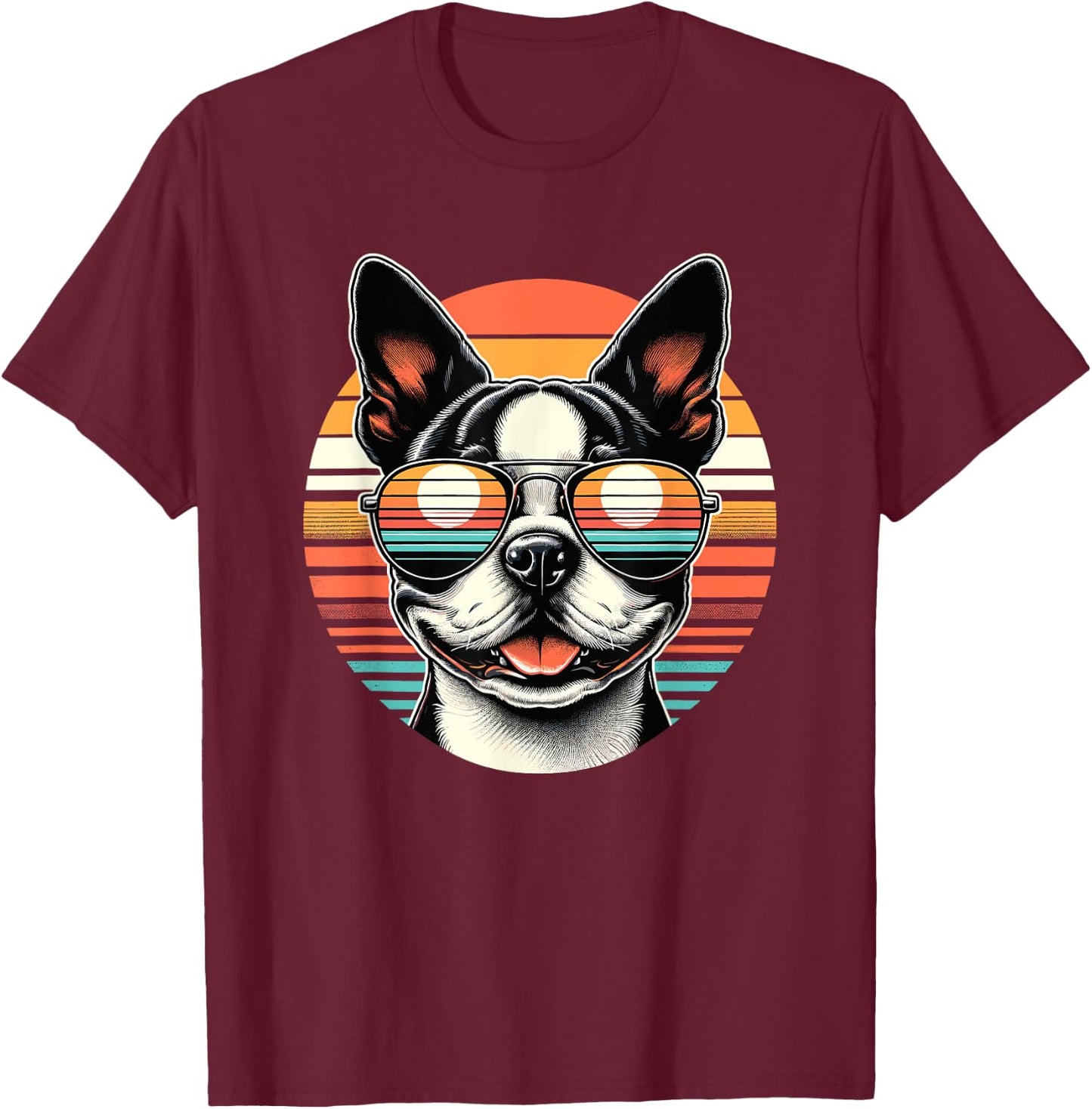 Retro Sunset Sunglasses Boston Terrier Boston Bull Bostie T-Shirt - T-Shirt | Maroon
