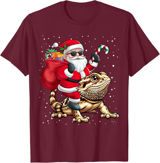 Santa Claus Riding A Bearded Dragons Christmas Boy Girl Kids T-Shirt - T-Shirt | Maroon
