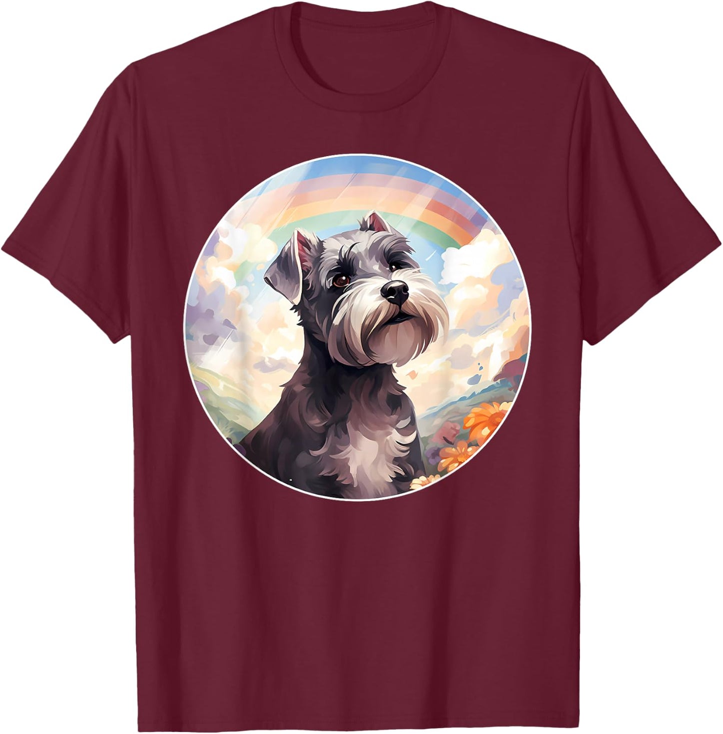 Miniature Schnauzer Rainbow Bridge Colorful Puppy Dog Art T-Shirt - T-Shirt | Maroon