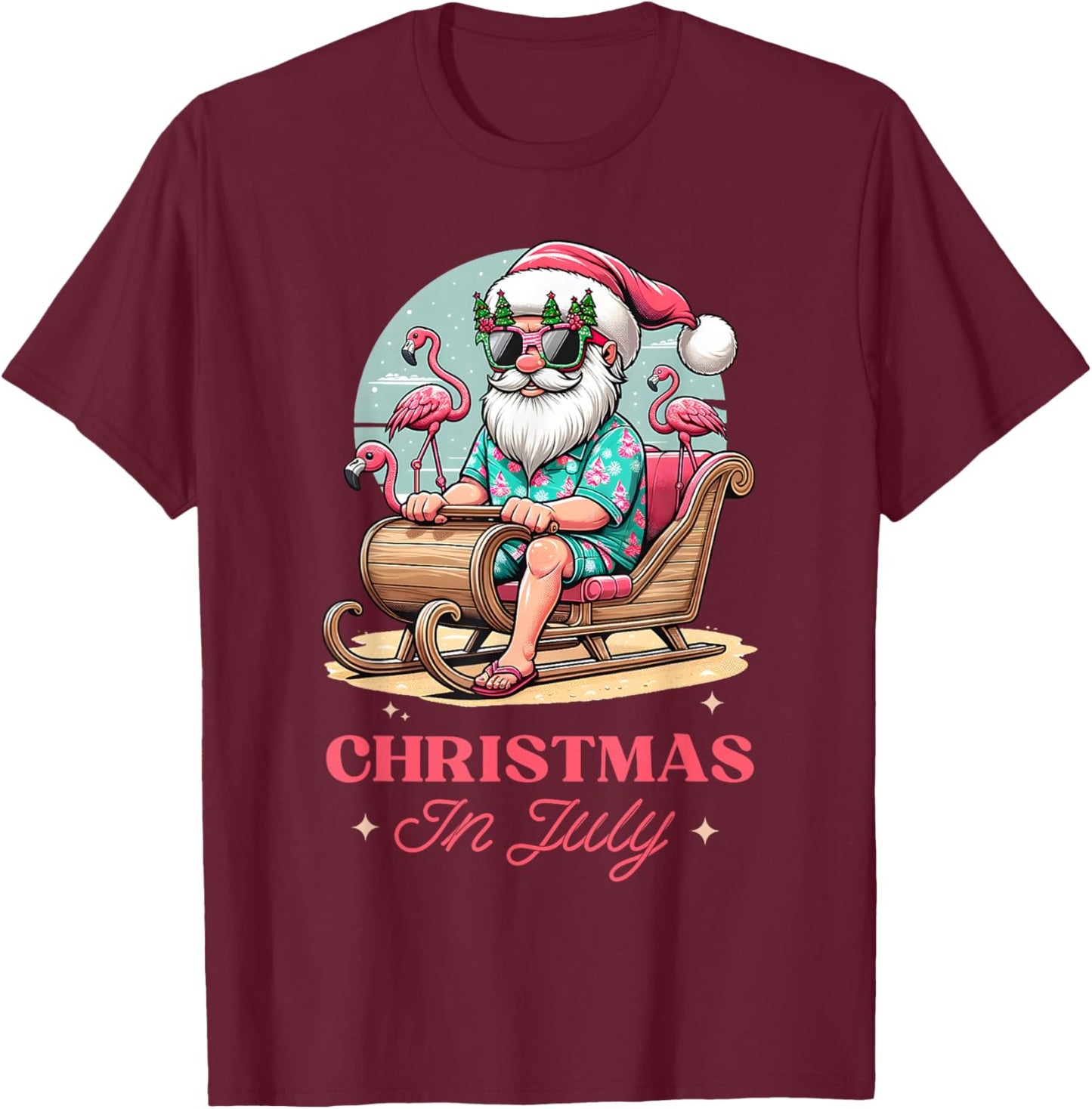Fun Christmas in July Summer Santa Flamingo Sleigh Christmas , Black, S T-Shirt - T-Shirt | Maroon