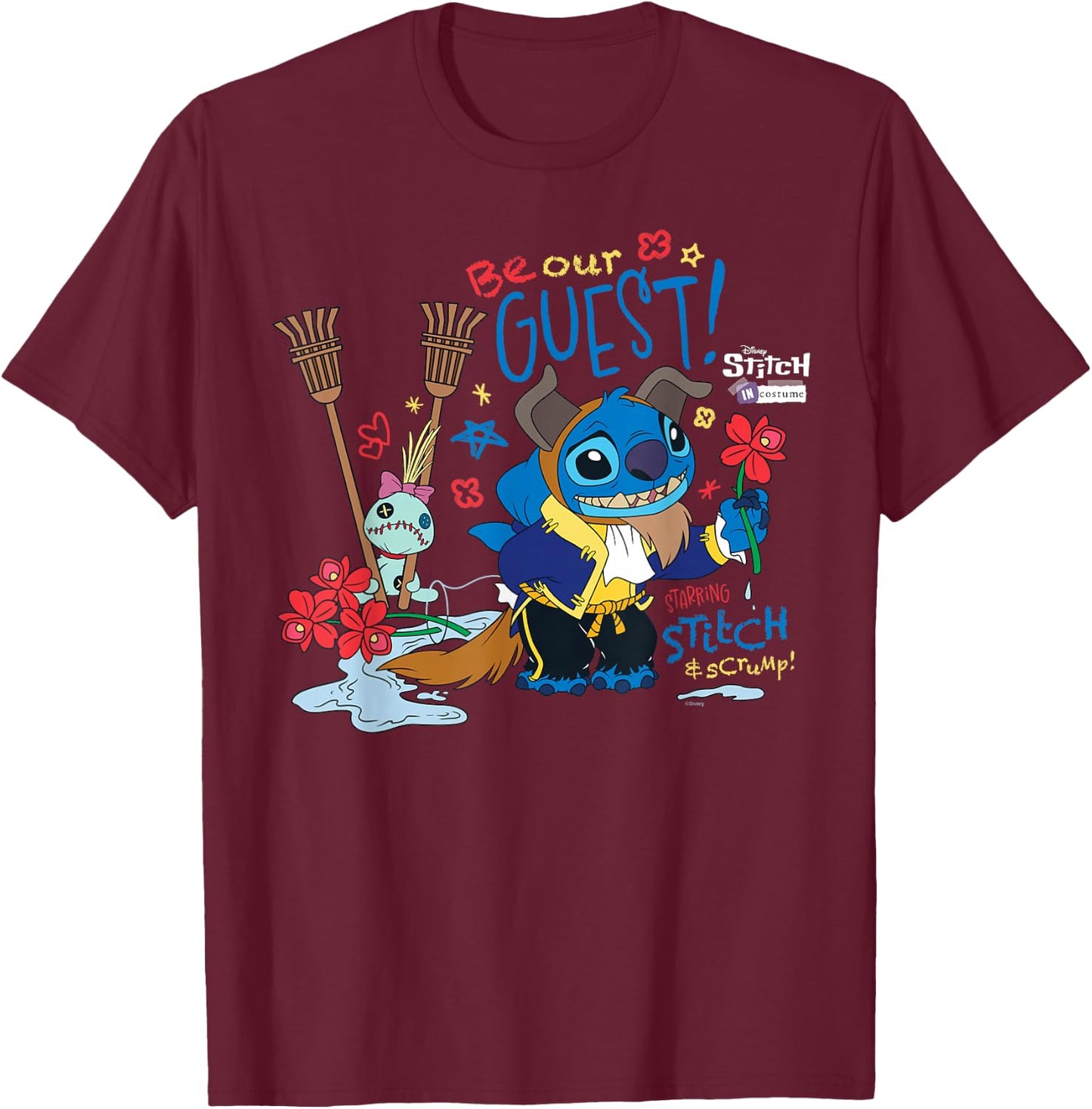 Disney 100 Stitch in Costume The Beast Be Our Guest & Scrump T-Shirt - T-Shirt | Maroon