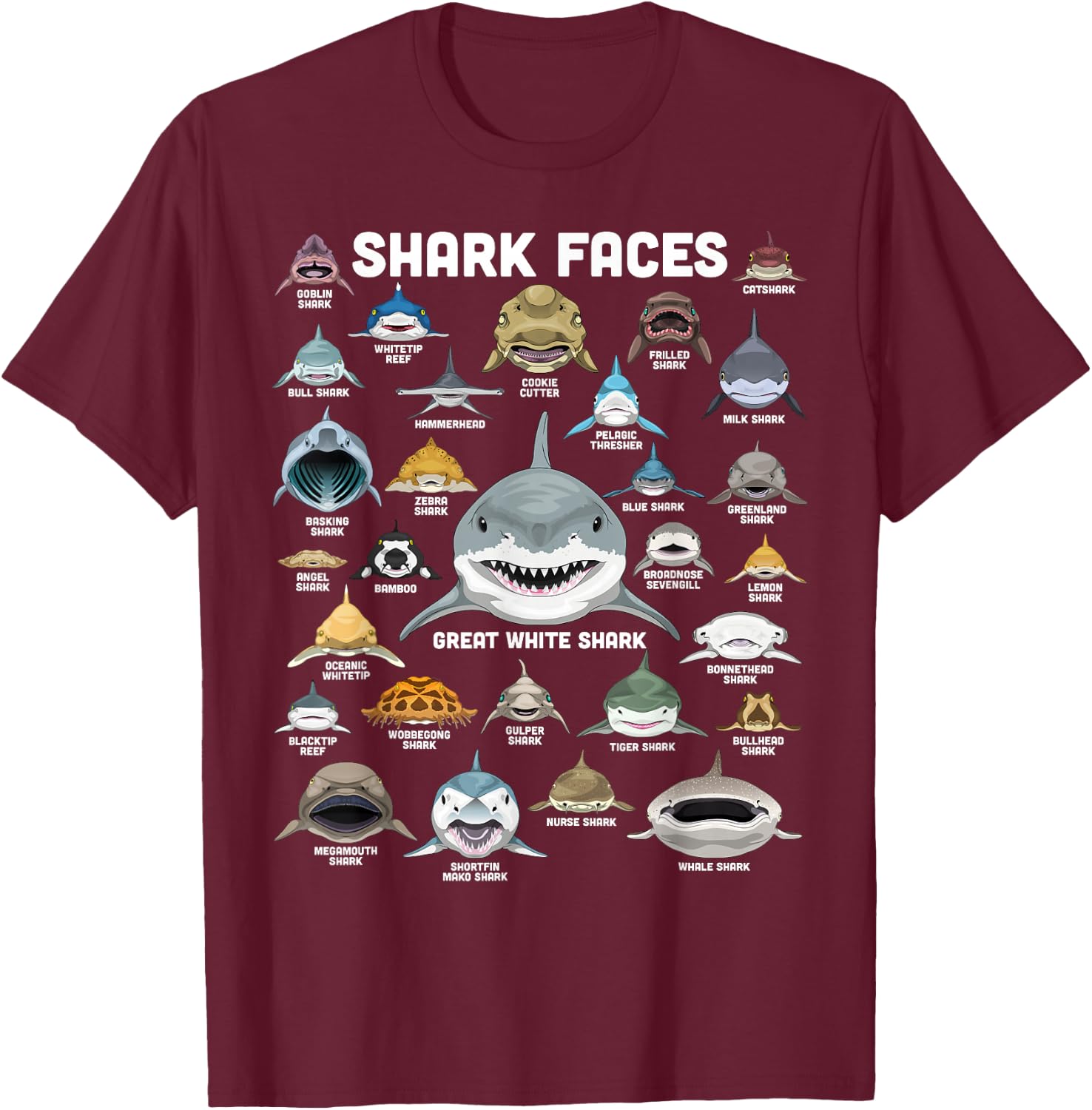 Shark Faces Shirt Shark Types Funny Biology Navy Shark , Black, S T-Shirt - T-Shirt | Maroon