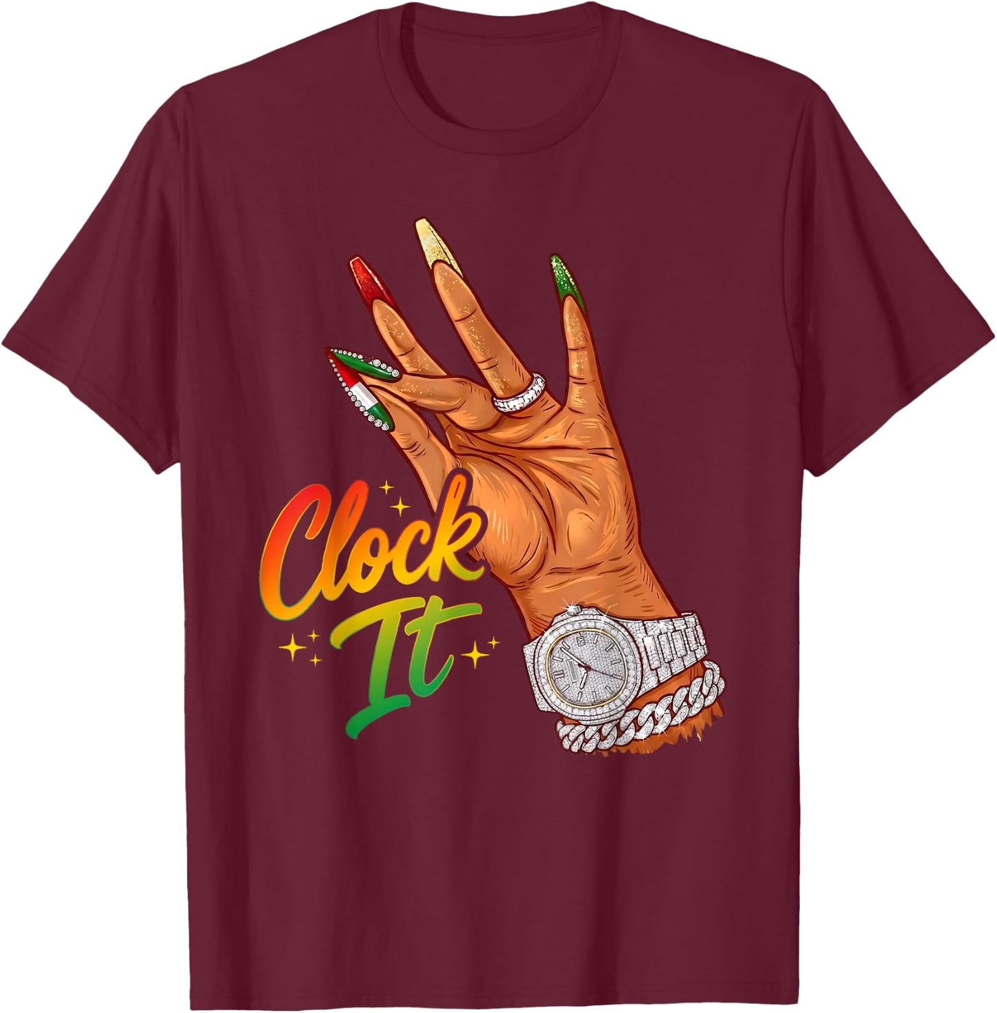 Striped Juneteenth Black Girl Clock It Afro Queen Melanin T-Shirt - T-Shirt | Maroon