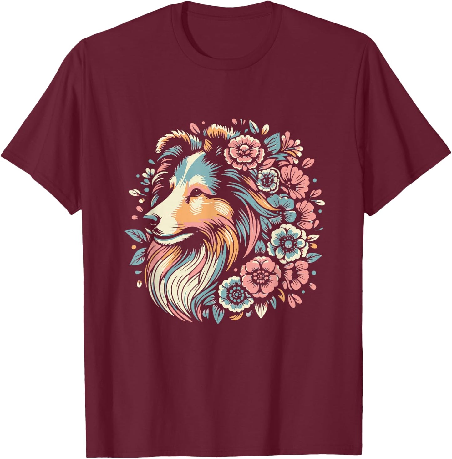 Floral Shetland Sheepdog Dog Flower Sheltie Graphic Design T-Shirt - T-Shirt | Maroon