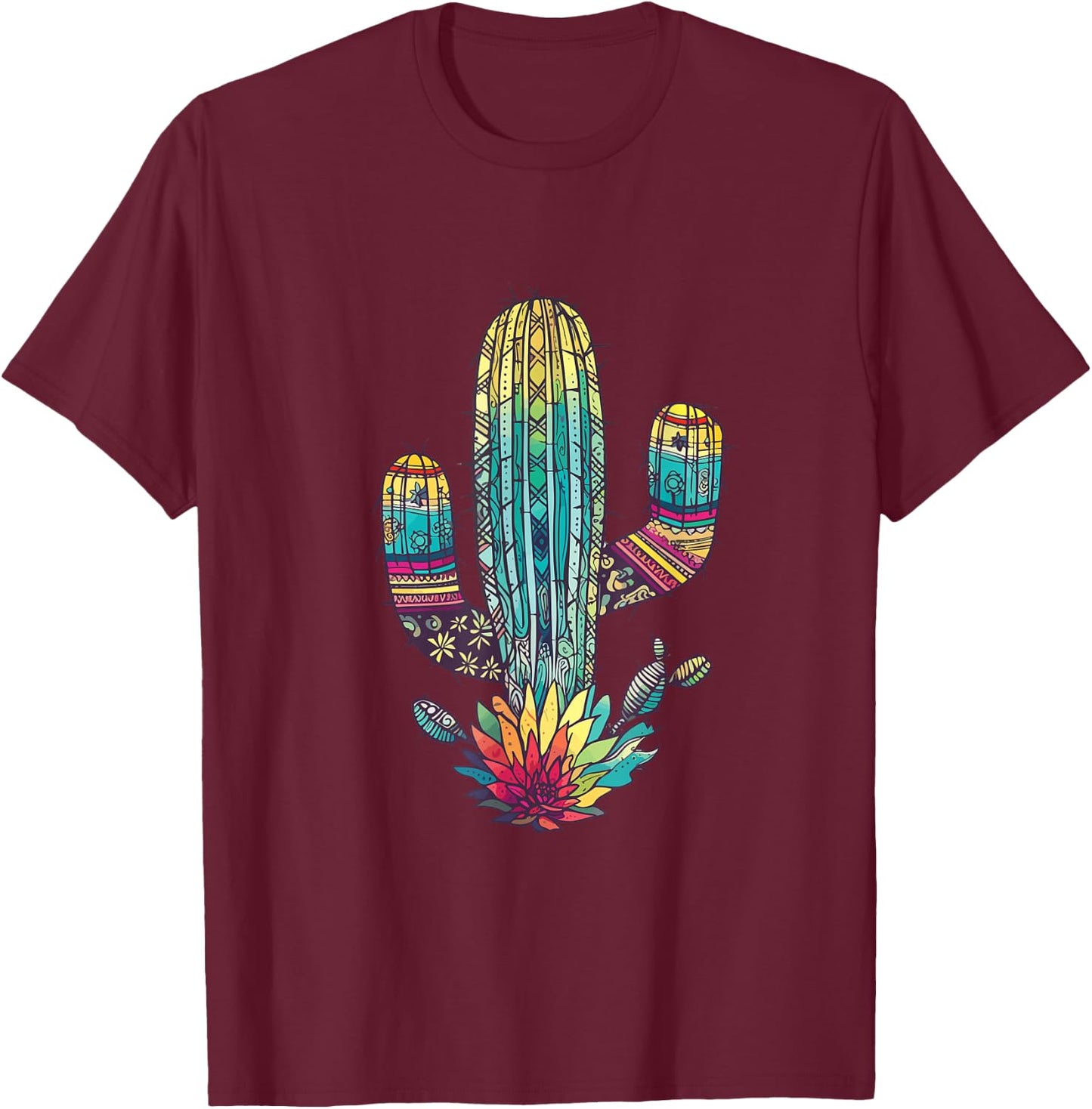 Serape Cactus Print Turquoise Western Saguaro Cactus T-Shirt - T-Shirt | Maroon