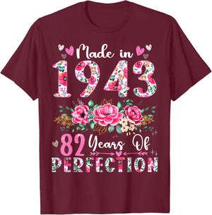 82 Year Old Made In 1943 Floral 82th Birthday Women T-Shirt - T-Shirt | Maroon
