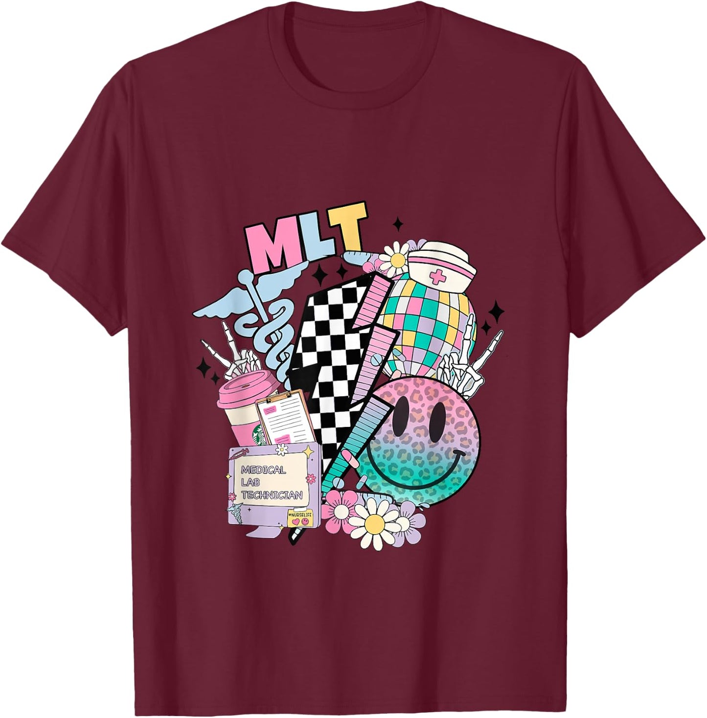 Smile face MLT Medical Laboratory Technician Stethoscope T-Shirt - T-Shirt | Maroon