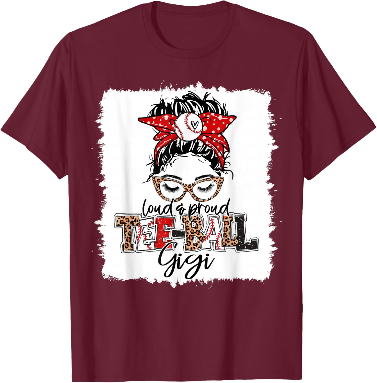 T-Ball Gigi Ball Leopard Print Squad Messy Bun Hair T-Shirt - T-Shirt | Maroon
