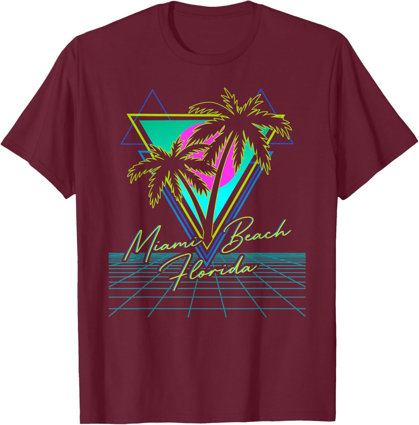 MIAMI BEACH FLORIDA Trip Retro 80s Vaporwave Grid Aesthetic Women Kids T-Shirt - T-Shirt | Maroon