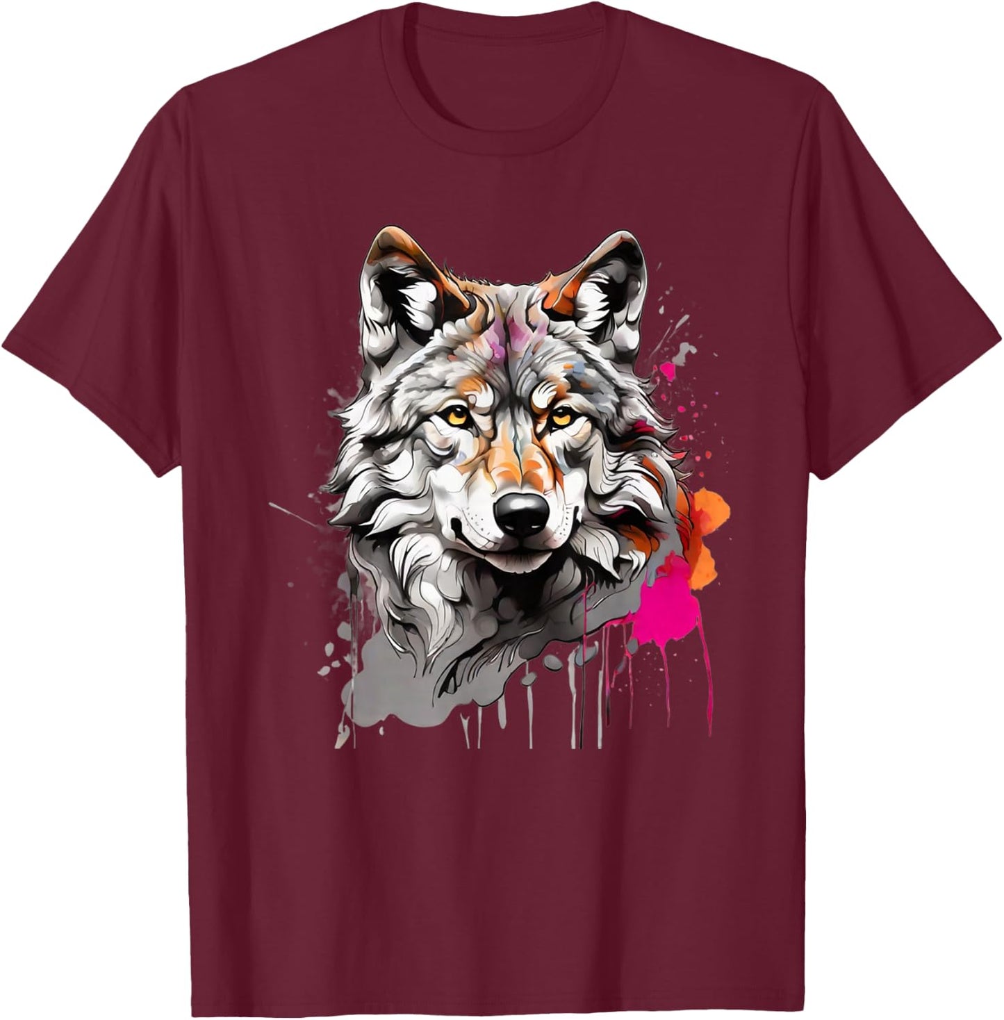 Wolf mit bunten Farbspritzern Wölfe und Waldtiere T-Shirt - T-Shirt | Maroon