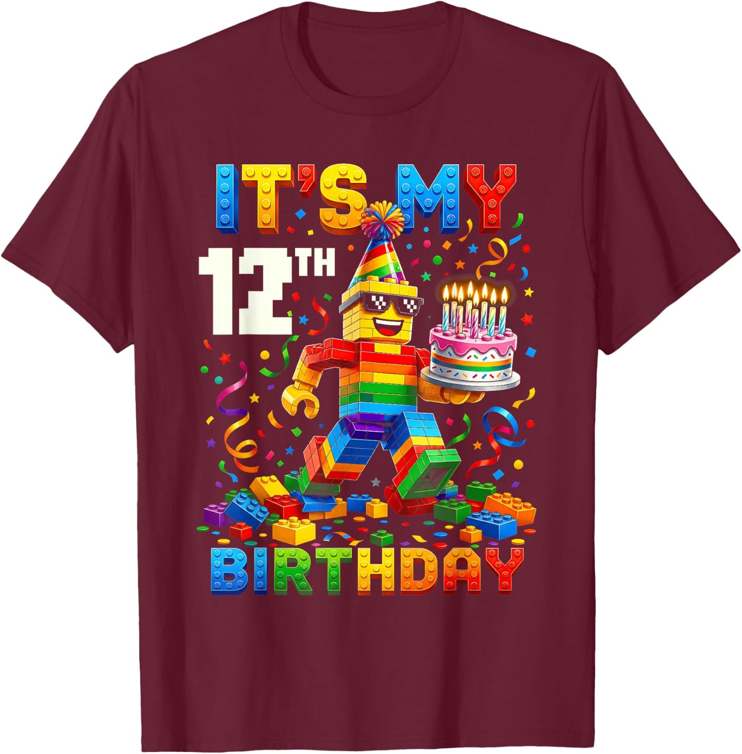 It's My 12th Birthday Building Brick 12 Years Old Kids Boys T-Shirt - T-Shirt | Maroon