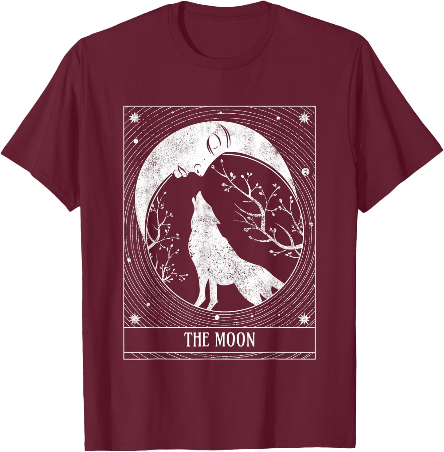 Distressed Crescent Moon and Wolf Tarot Card T-Shirt - T-Shirt | Maroon