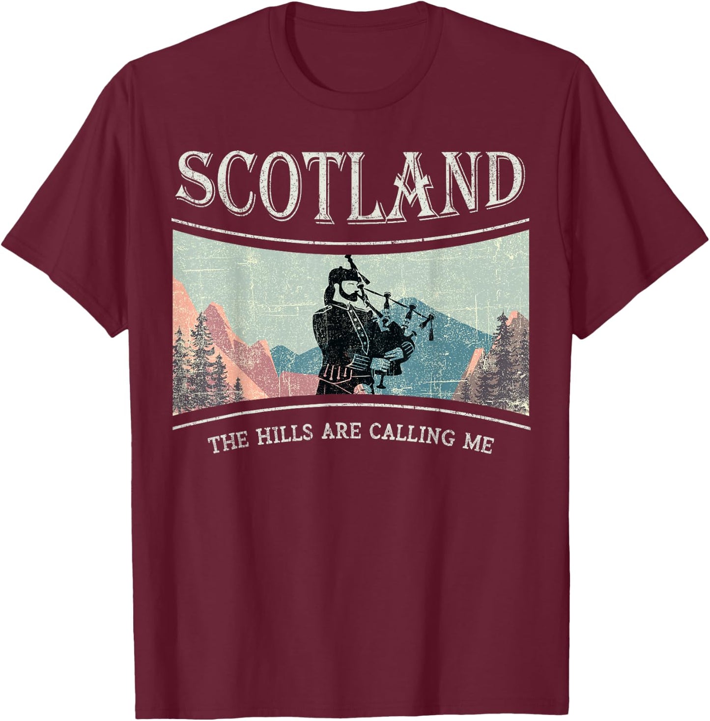 Scotland wilderness Scottish Highlands bagpipes mountains T-Shirt - T-Shirt | Maroon